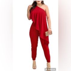 Brand New Red Romper Red V-neck Jumpsuits And Rompers For Spring, Red V-neck Jumpsuits And Rompers For Vacation, Red Non-stretch Jumpsuits And Rompers, Red V-neck Jumpsuit And Romper, Red Printed V-neck Jumpsuits And Rompers, Red Romper, Ruffle Romper, Red Jumpsuit, Off The Shoulder