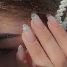 Ombre Nail Ideas, Prom Nails Silver, Silver Glitter Nails, Ombre Nails Glitter, Ombre Nail, Formal Nails, Almond Acrylic Nails, Soft Nails