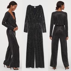 H&M Glittery Sparkly Pant Jumpsuit Size: Xs Long-Sleeved Jumpsuit In Jersey Draped, Low-Cut V-Neck Gathers At Shoulders Wrapover Bodice Narrow, Elasticized Seam At Waist Straight, Wide Legs. 93% Polyester , 4% Spandex , 3% Metallized Fiber Approximate Measurements: 16” Shoulder To Waist Seam 12.5” Front Rise (Waist Seam To Crotch) 11.5” Waist Along Elastic (Un-Stretched) / 21” (Stretched) 31” Inseam 11" Leg Opening 59" Total Length (Shoulder To Leg Opening) New To Poshmark? Use Code Lashopaholic Metallic Sequined Jumpsuits And Rompers For Party Season, Metallic Sequined Jumpsuits And Rompers For Night Out, Shimmer Jumpsuits And Rompers For Evening Parties, Glamorous Metallic Jumpsuits And Rompers With Sequins, Glamorous Metallic Jumpsuit With Sequins, Metallic Jumpsuits And Rompers For Evening, Shimmer Jumpsuits And Rompers For Party Season, Long Sleeve Sequined Jumpsuits And Rompers For Party Season, Sequined Jumpsuits And Rompers For Evening In Fall