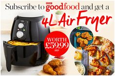 an advertisement for a air fryer with images of food