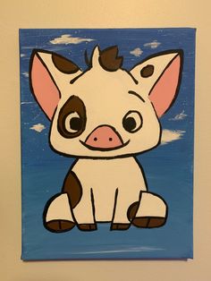 a painting of a little pig sitting on top of a blue surface with clouds in the background