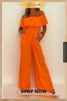 Women's Jumpsuits One-shoulder Ruffle Belt Wide-leg Jumpsuit Casual One-shoulder Jumpsuits And Rompers For Vacation, One Shoulder Solid Jumpsuits And Rompers For Spring, Trendy Off-shoulder Jumpsuits And Rompers For Summer, Casual Off-shoulder Jumpsuits And Rompers For Vacation, Chic Orange Jumpsuits And Rompers For Vacation, Chic Orange Jumpsuit And Romper For Vacation, Casual One-shoulder Jumpsuits And Rompers For Beach, Casual Off-shoulder Jumpsuits And Rompers For Party, Casual One-shoulder Jumpsuit For Beach