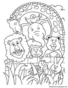 an animal alphabet coloring page with the letter e in it's center and animals around it