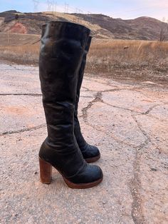 1970s leather moctoe platform high heel boot COLORS dark brown almost black  MATERIAL leather upper  leather heel  MAKER: no label  made in Brazil  CONDITION great vintage condition some scratches on leather from use might show small imperfections that we missed zips up the side SIZE womens us 7 B outsole 10 in.long insole 9 in. long ball of foot 3 in. heel 3 in. height 18 in. SHIPPING: standard priority shipped with tracking number included we ship overseas will ship next day if requested for an additional charge. Leather Knee-high Boots, Fall Leather High Cut Wedge Boots, Retro Knee-high Platform Boots For Fall, Vintage High Heel Platform Boots For Fall, Retro Knee-high Platform Boots, Retro Knee-high Leather Boots, Retro Leather Knee-high Boots With Round Toe, Vintage Black Leather Platform Boots, Retro Wide Calf Leather Heeled Boots