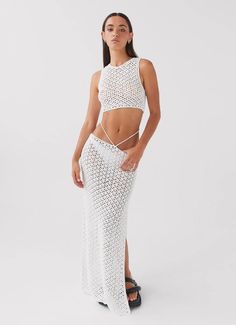 Mabel Bay Crochet Maxi Skirt - White – Peppermayo US Sorority Rush Outfits, Rush Outfits, Crochet Maxi Skirt, Skirt Crochet, Crochet Maxi, Crochet Tank Top, Crochet Fabric, Crochet Tank, Long Sleeve Knit Dress