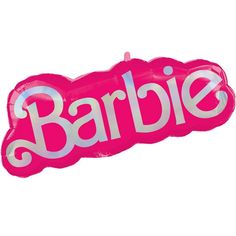 a pink balloon with the word barbie printed on it's side, in front of a white background