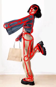 a woman in tights and heels holding a handbag with red lines on her body