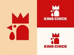 the logo for king chick is shown in three different colors and font styles, including red