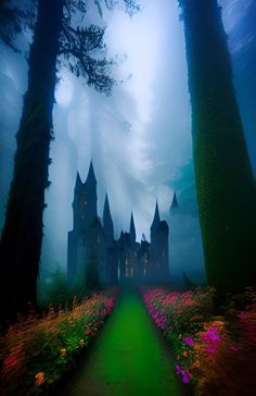 an image of a castle in the woods at night with flowers and trees around it