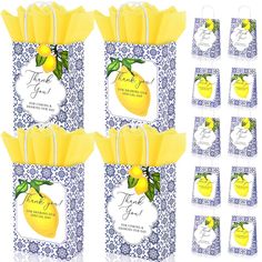 yellow and blue paper bags with lemons on the front, one for each bag