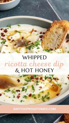 whipped ricotta cheese dip and hot honey in a bowl with bread on the side