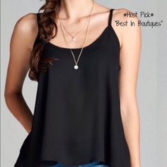 Host Pick! This Black Flowy Semi-Sheer Tank Top Is The Perfect Way To Dress Up An Out Fit Or Just Throw It On With Some Jeans For A More Casual Look. *Size: Xs *Material: Polyester Blend Same/Next Day Shipping (Est). Trendy Sheer Sleeveless Top, Casual Sheer Tank Top For Party, Flowy Black Top For Layering, Casual Chiffon Top For Layering, Casual Black Chiffon Top, Chic Black Camisole For Layering, Flowy Chiffon Tops For Night Out, Chiffon V-neck Top For Night Out, Loose Fit Chiffon Top For Night Out