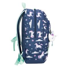 This stylish Crckt Backpack is covered in a fun unicorn print and includes a removable plush dangle. This durable backpack has 1 zippered front pocket and a large main compartment to keep everything safe inside. It includes a side mesh pocket and internal organizer which is perfect for securing small items. Customize a perfect fit with the adjustable shoulder straps. Unicorn Print Backpack For Everyday Use, Standard Backpack With Unicorn Print For Everyday Use, Unicorn Print Backpack For Travel, Unicorn Print Travel Backpack, Back To School Unicorn Print Backpack, Durable Backpack, Chain Loop, Reflective Tape, Unicorn Print