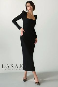 Lasaky - Square Neck Padded Long Sleeve Midi Cocktail Dress Long Sleeve Midi Dress Cocktail, Long Sleeve Cocktail Dress Bodycon, Black Cocktail Long Sleeve Dress, Elegant Winter Bodycon Dress With Square Neck, Fitted Black Maxi Dress With Square Neck, Black Square Neck Maxi Dress For Evening, Elegant Maxi Dress, Chic Party, Party Dress Long Sleeve