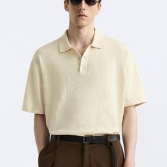 Genuine Zara New With Tag Material: 77% Cotton, 23% Linen Color: Ecru- Off White Classic Short Sleeve Knit Polo Shirt In Breathable Cotton & Linen Blend Yarn. Lapel Collar, Front Button Closure Beige Button-up Top From Zara, Luxury Cream Short Sleeve Polo Shirt, Cream Cotton Polo Shirt, Zara Beige Button-up Blouse, Beige Collared Cotton T-shirt, Zara New, Zara Shirt, Zara Man, Mens Navy