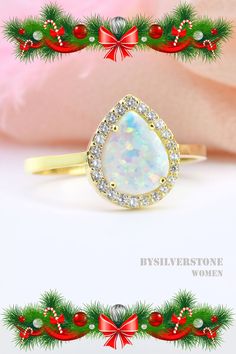 Pear Delicate Opal Ring, Dainty Opal Ring, 14K Drop Opal Ring, Bridasmaid Gold Gift Ring, 09x07 Drop Gold Opal Ring, 18k Solid Gold Ring #opalring #goldring #christmas #chritsmasjewelry #christmasgift #dropring #zirconring #womenjewelry #womenstyle Wedding 14k Gold Halo Ring, Formal Birthstone Ring With Halo, Formal Halo Birthstone Ring, Gold Teardrop Halo Ring, Gold Opal Ring With Halo Design - Gift, Gold Opal Ring With Halo For Anniversary, Gold Opal Halo Ring For Anniversary, Teardrop Halo Ring For Gift, Gold Pear-shaped Cluster Ring Gift