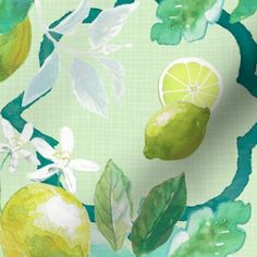 a painting of lemons and leaves on a green background