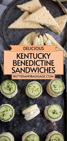 Collage of overhead shot of triangular Kentucky benedictine sandwiches on plate at top and overhead shot of plateful of round benedictine sandwiches at bottom. Cream Cheese And Cucumber, Sandwiches With Cream Cheese, Benedictine Spread, Soft White Bread