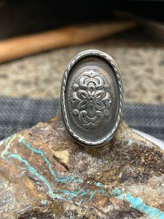 This ring is heavy and substantial, but because of the tapered band, it is comfortable to wear. Unique Stamped Oval Ring, Cha Ching, Bling Bling, Rings Statement, Emboss, Statement Rings, Etsy Accessories, Accessory Gift, Jewelry Rings