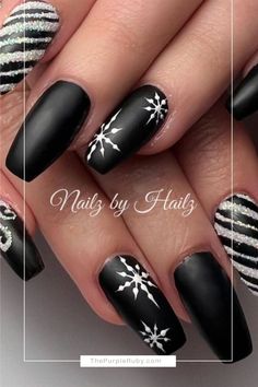 Winter Nail Inspiration: Showcasing the Cold December Nights of winter with sugared swirls, snowflakes, and a matte finish. More inspiration and Classy Christmas Nails on our Winter Nail Board and blog. Black Nail Christmas Design, Winter Black Nails, Black And White Snowflake Nails, Black Christmas Nails Winter, Black Nails Christmas Holidays, Black Nails With Snowflakes, Black And Gold Snowflake Nails, Black Snowflake Nails, Black Nails With Snowflakes Glitter