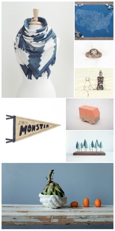 a collage of different items including an orange and blue vase, a white table cloth with the word monster written on it