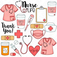 nurse clipart set with medical supplies and thank you messages for nurses, hospital staff or doctors