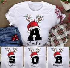 three shirts with santa hats and reindeer antlers on them, one has the letter s in