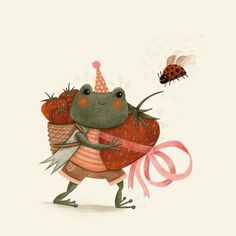 a drawing of a frog carrying strawberries and a ladybug