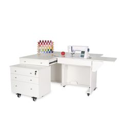 an office desk with two drawers and a sewing machine on the top, next to each other