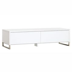 a white entertainment center with two drawers on one side and an open drawer on the other