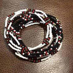 Nwot, Beaded Bracelet Set. Black,White,Red & Gold Stretch,Lightweight,Comfy Red Black White Bracelet, Black Beads Bracelet, Waist Jewelry, Black Beaded Bracelets, White Bracelets, Women Artisans, Black White Red, Black Beads, Artisan Jewelry