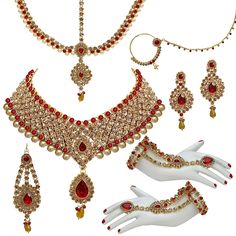 Indian Bridal Jewelry Set Heavy Full Wedding Jewelry Set For Bride Bridal Jewelry Set This jewelry set for women is perfectly suited for wedding party wear. These are also ideal for birthday gifts for girls, girlfriends, wedding gifts, and anniversary gifts. Stylish bridal jewelry for women. This Set Includes Necklace, Matha Patti, Nose Nath, Pair of Hand Pool, And Earring Set. Note - It is advisable to store jewelry in a zip lock pouch, keep away from water perfume, and other chemicals and clea Jewelry Set For Bride, Red Jewelry Set, Matte Gold Necklace, Indian Bridal Jewelry, Matha Patti, Indian Accessories