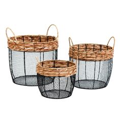 three black wire baskets with handles