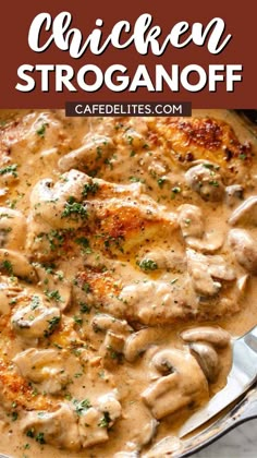 chicken stroganoff in a creamy sauce with mushrooms