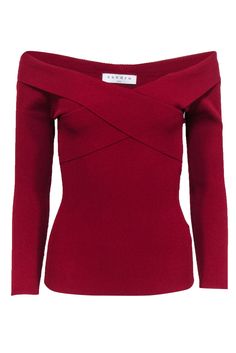 Current Boutique-Sandro - Red Off-the-Shoulder Cross-Front Ribbed Knit Top Sz 6 Winter Off-shoulder Tops For Night Out, Off-shoulder Tops For Winter Night Out, Red Off-shoulder Tops For Fall, Fall Season Red Off-shoulder Tops, Fall Off-shoulder Red Tops, Red Fitted Off-shoulder Top, Red Off-shoulder Top For Night Out, Chic Red Knit Top For Fall, Fall Evening Stretch Off-shoulder Top