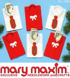 knitted christmas sweaters with money on them and the words mary moxm exclusively needlework and crafts