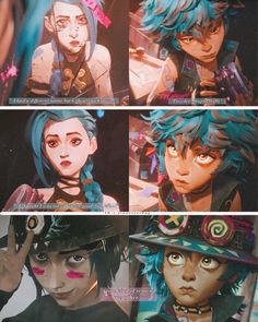 some anime characters with blue hair and hats