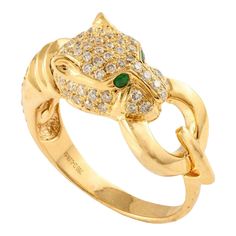 Diamond Studded Panther Head Ring Crafted in 18K Gold featuring natural emerald of 0.03 carats and diamonds of 0.5 carats. The gorgeous handcrafted ring goes with every style. Emerald enhances intellectual capacity of the person. Designed with a panther head studded with diamonds and emerald studded in the eye holding a gold ring from its mouth making a cocktail ring that makes it a perfect fit to wear it on your occasion or style it with any of your basic outfit to give it a glam. This is a per Panther Head, Gemstone Solitaire Ring, Ring With Emerald, Sapphire Solitaire Ring, Mother Daughter Gifts, White Gold Solitaire, Head Ring, Gold Solitaire Ring, Sapphire Solitaire