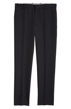 Tailored elegance pervades Italian-crafted pants fashioned from smooth wool with a mid rise and cleanly pressed creases. 34" inseam; 14 1/2" leg opening; 11 1/2" front rise; 14 1/2" back rise (size 48 EU) Zip fly with hook-and-bar closure Side-seam pockets; back button-welt pockets 100% wool Dry clean Made in Italy Designer Clothing Black Pants With Pressed Crease And Straight Hem, Classic Black Dress Pants With Belt Loops, Classic Black Bottoms With Straight Hem, Business Casual Bottoms With Concealed Placket And Straight Hem, Business Casual Bottoms With Concealed Placket, Sleek Slim Fit Straight Dress Pants, Black Ankle-length Dress Pants With Pressed Crease, Classic Black Flat Front Pants, Classic Work Pants With Straight Hem For Office