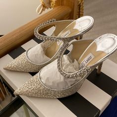 Bing 100 Glitter Tulle Mules Size 41.5 Worn For One Hour Comes With Box And Dust Bag Also Jimmy Choo Bing 100, Jimmy Choo Bing, Jimmy Choo Shoes, Jimmy Choo, Shoes Women Heels, Dust Bag, Shoes Heels, The 100, Glitter