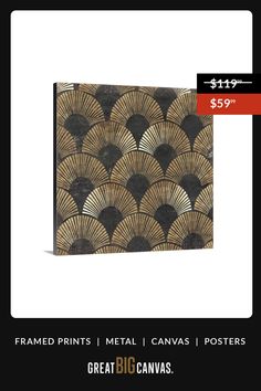 a black and gold art deco poster with an image of a fan pattern on it