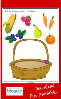 a basket filled with fruits and vegetables on top of a white background next to a red frame