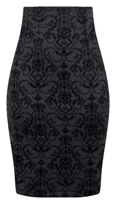 This damask skirt is to die for! Features include a high quality flocked fabrication with stretch, giving a smooth flattering silhouette. Zip side closure and darts in back. Pair this with our Criss Cross Top and your good to go! Waist measurements as follows: Small 24-26", Medium 27-29", Large 30-32", X-Large 32-34", 2XL 34-36" Modern Skirt, Inked Shop, Look Grunge, High Waisted Pencil Skirt, Double Trouble, Work Attire, Skirt Outfits, Damask, Criss Cross