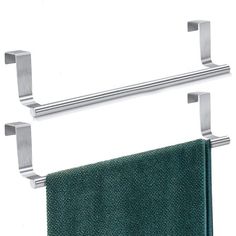 two towel racks are shown with one hanging on the wall and the other holding towels