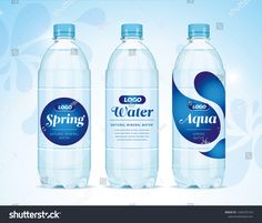 three water bottles with blue caps and labels on the front, side and back view