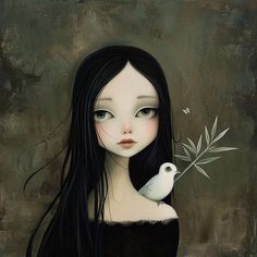 a painting of a girl with long black hair and a white bird on her shoulder