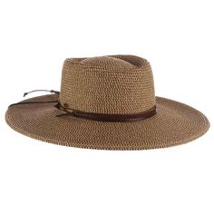 Classy gaucho style hat with flat brim, 4" wide. Sunken crown with straight sidewalls. Faux suede band with waxed cord tie accent. Faux leather chin strap. Adjustable drawstring inside crown. UPF 50+ sun protection hat. One size. 100% toyo braid Casual Brown Braided Fedora, Brown Braided Brimmed Panama Hat, Brown Fedora With Braided Detail And Curved Brim, Brown Fedora With Braided Curved Brim, Brown Braided Fedora With Curved Brim, Brown Western Boater Hat With Wide Brim, Western Style Brown Wide Brim Boater Hat, Brown Wide Brim Western Boater Hat, Brown Braided Hat With Curved Brim