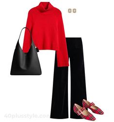 Red sweater and black pants for Christmas | 40plusstyle.com Red Sweater, Red Sweaters, Black Pants, Pants