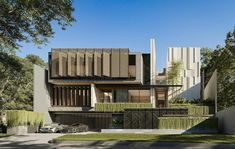 an architectural rendering of a modern house in the suburbs of los angeles, california with grass growing on the front and side