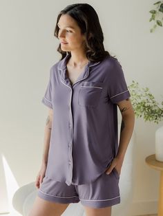 The pajamas you need for hot nights and hot flashes. This ultra-soft set can be worn from pregnancy through breastfeeding, and the premium bamboo fabric is breathable and temperature-regulating, keeping you cool and comfortable through the night.  Button-down nursing access Elastic waistband for size fluctuations Convenient pockets Delicate piping Maternity Pajama Set, Nursing Pajamas, Shorts Pajama Set, Maternity Pajamas, Classic Pajamas, Breastfeeding Clothes, Summer Pregnancy, Maternity Shorts, New Mom Gift